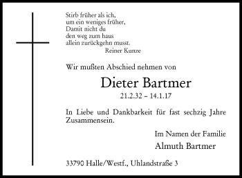 Traueranzeige von Dieter Bartmer von Westfalen-Blatt