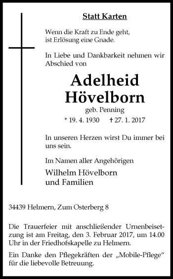 Traueranzeige von Adelheid Hövelborn von Westfalen-Blatt