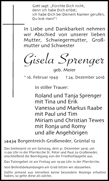 Traueranzeige von Gisela Sprenger von Westfalen-Blatt