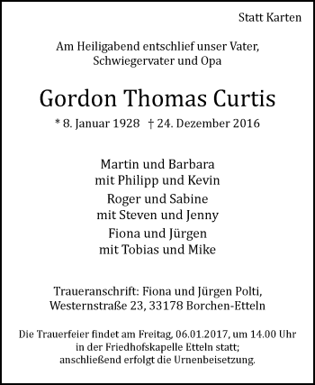 Traueranzeige von Gordon Thomas Curtis von Westfalen-Blatt