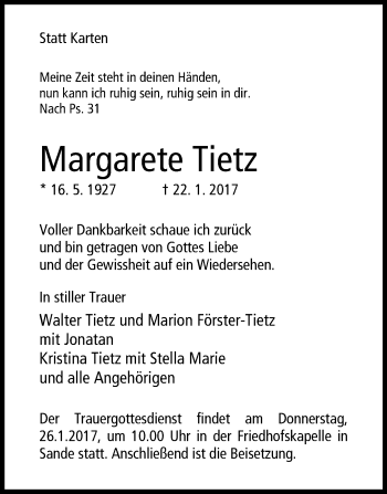 Traueranzeige von Margarete Tietz von Westfalen-Blatt