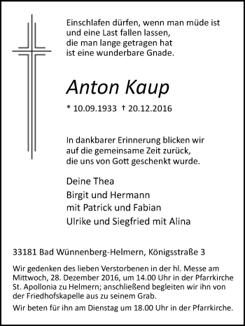 Traueranzeige von Anton Kaup von Westfalen-Blatt