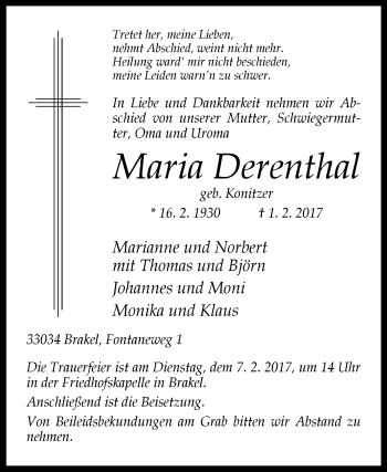 Traueranzeige von Maria Derenthal von Westfalen-Blatt