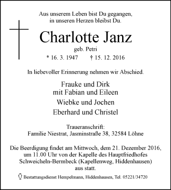 Traueranzeige von Charlotte Janz von Westfalen-Blatt