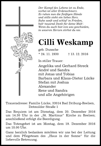 Traueranzeige von Cilli Weskamp von Westfalen-Blatt