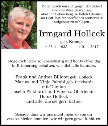 Traueranzeige von Irmgard Holleck von Westfalen-Blatt