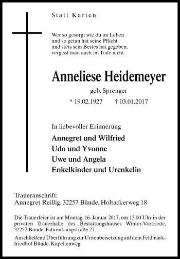 Traueranzeige von Anneliese Heidemeyer von Westfalen-Blatt