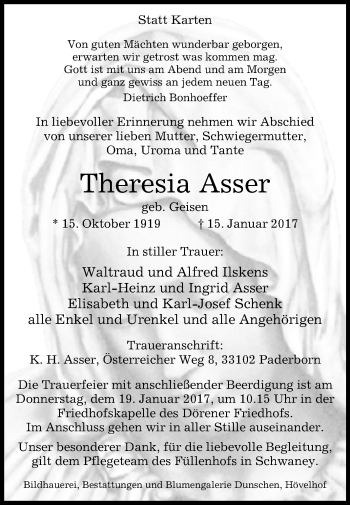 Traueranzeige von Theresia Asser von Westfalen-Blatt