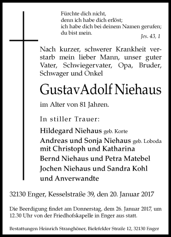 Traueranzeige von Gustav Adolf Niehaus von Westfalen-Blatt