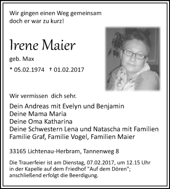 Traueranzeige von Irene Maier von Westfalen-Blatt