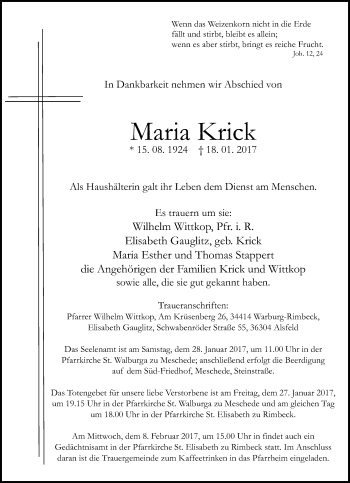 Traueranzeige von Maria Krick von Westfalen-Blatt