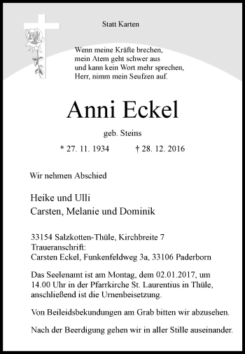 Traueranzeige von Anni Eckel von Westfalen-Blatt