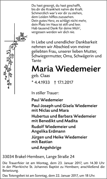 Traueranzeige von Maria Wiedemeier von Westfalen-Blatt