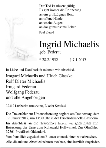 Traueranzeige von Ingrid Michaelis von Westfalen-Blatt