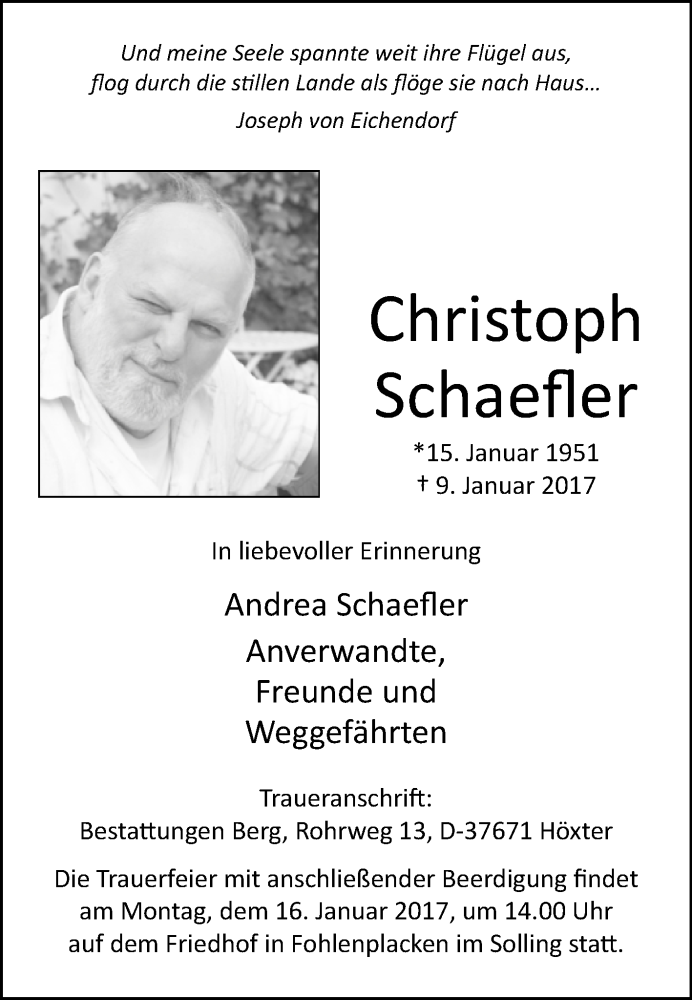  Traueranzeige für Christoph Schaefler vom 12.01.2017 aus Westfalen-Blatt