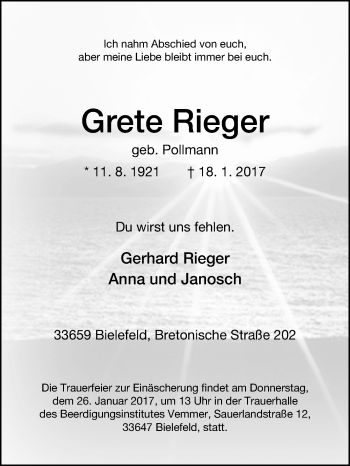 Traueranzeige von Grete Rieger von Westfalen-Blatt