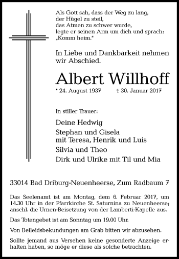 Traueranzeige von Albert Willhoff von Westfalen-Blatt