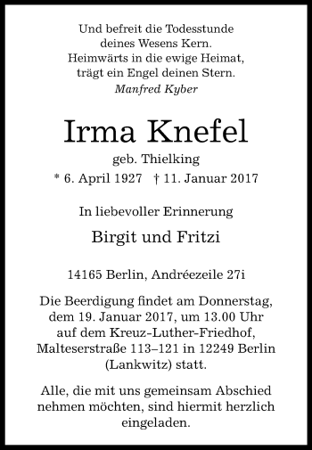 Traueranzeige von Irma Knefel von Westfalen-Blatt