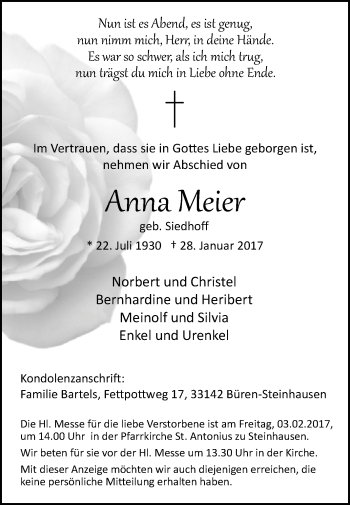 Traueranzeige von Anna Meier von Westfalen-Blatt