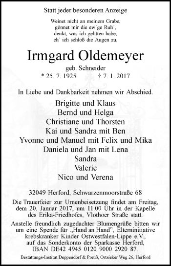 Traueranzeige von Irmgard Oldemeyer von Westfalen-Blatt