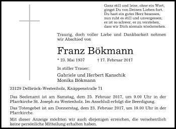 Traueranzeige von Franz Bökmann von Westfalen-Blatt