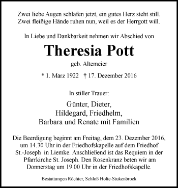 Traueranzeige von Theresia Pott von Westfalen-Blatt