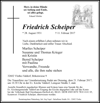 Traueranzeige von Friedrich Scheiper von Westfalen-Blatt