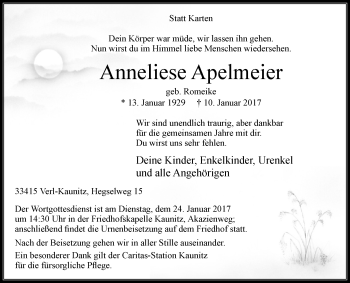 Traueranzeige von Anneliese Apelmeier von Westfalen-Blatt