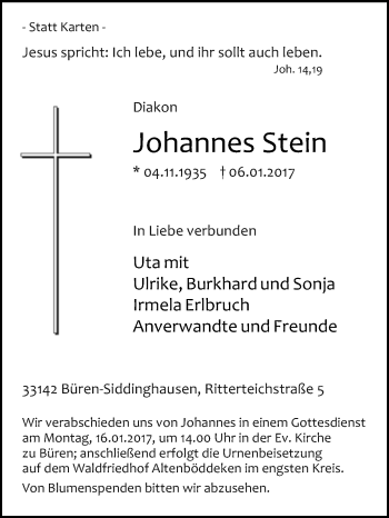 Traueranzeige von Johannes Stein von Westfalen-Blatt