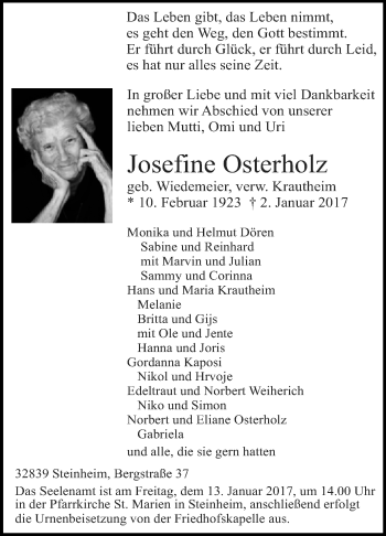 Traueranzeige von Josefine Osterholz von Westfalen-Blatt