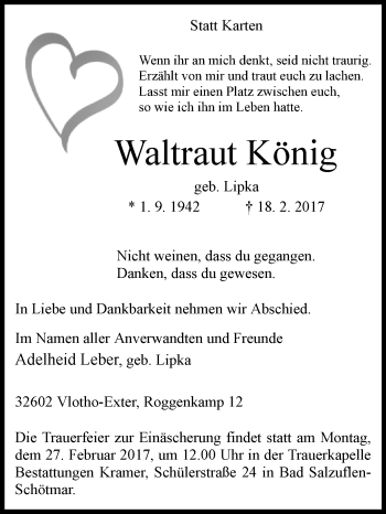 Traueranzeige von Waltraut König von Westfalen-Blatt