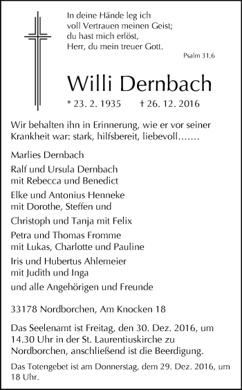 Traueranzeige von Willi Dernbach von Westfalen-Blatt