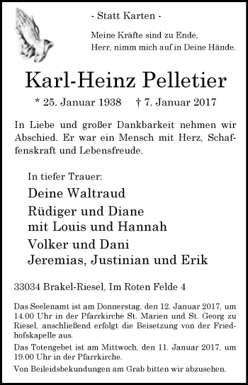 Traueranzeige von Karl-Heinz Pelletier von Westfalen-Blatt