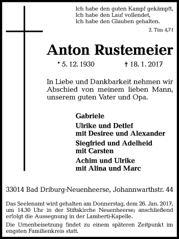 Traueranzeige von Anton Rustemeier von Westfalen-Blatt