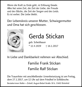 Traueranzeige von Gerda Stickan von Westfalen-Blatt