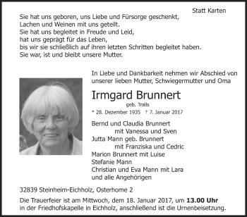 Traueranzeige von Irmgard Brunnert von Westfalen-Blatt