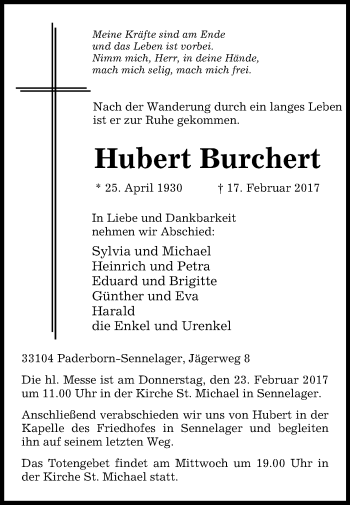 Traueranzeige von Hubert Burchert von Westfalen-Blatt