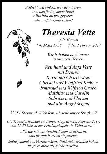 Traueranzeige von Theresia Vette von Westfalen-Blatt