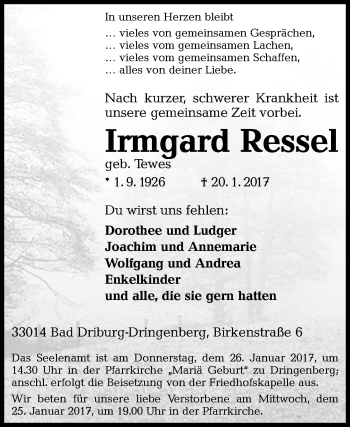 Traueranzeige von Irmgard Ressel von Westfalen-Blatt