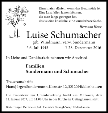 Traueranzeige von Luise Schumacher von Westfalen-Blatt