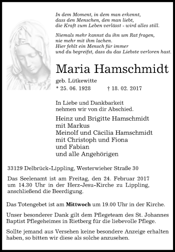 Traueranzeige von Maria Hamschmidt von Westfalen-Blatt