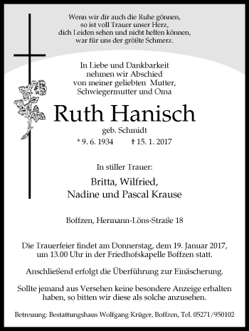 Traueranzeige von Ruth Hanisch von Westfalen-Blatt