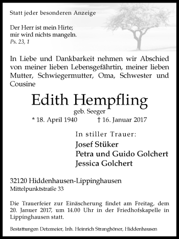 Traueranzeige von Edith Hempfling von Westfalen-Blatt