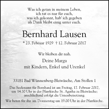 Traueranzeige von Bernhard Lausen von Westfalen-Blatt