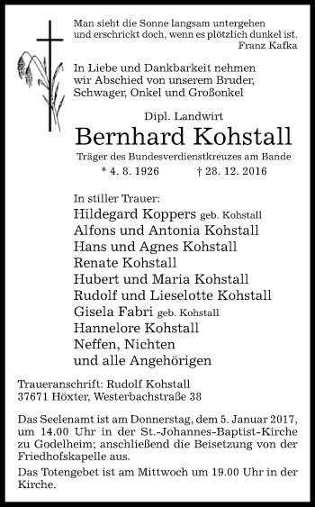 Traueranzeige von Bernhard Kohstall von Westfalen-Blatt