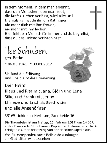 Traueranzeige von Ilse Schubert von Westfalen-Blatt