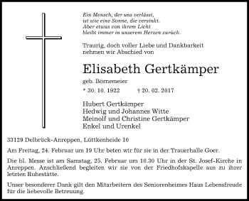 Traueranzeige von Elisabeth Gertkämper von Westfalen-Blatt