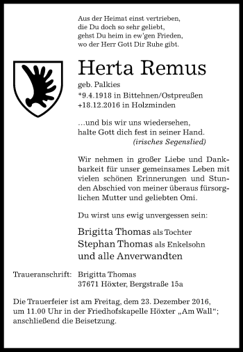 Traueranzeige von Herta Remus von Westfalen-Blatt