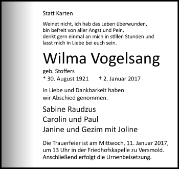 Traueranzeige von Wilma Vogelsang von Westfalen-Blatt