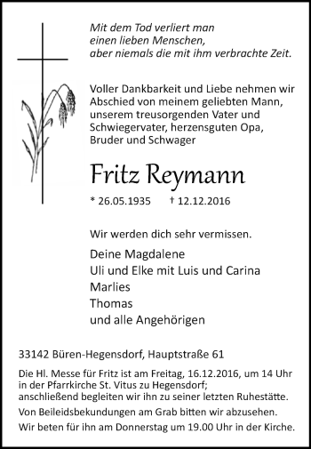 Traueranzeige von Fritz Reymann von Westfalen-Blatt